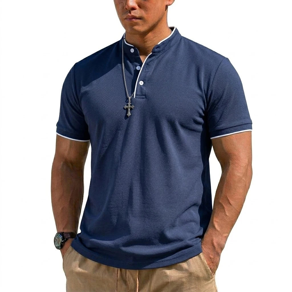 Summer Short Sleeve Henley Shirt Men Button Polo Shirts Classic Collarless T-Shirts for Men Luxury Breathable Hiking T-shirt Gym