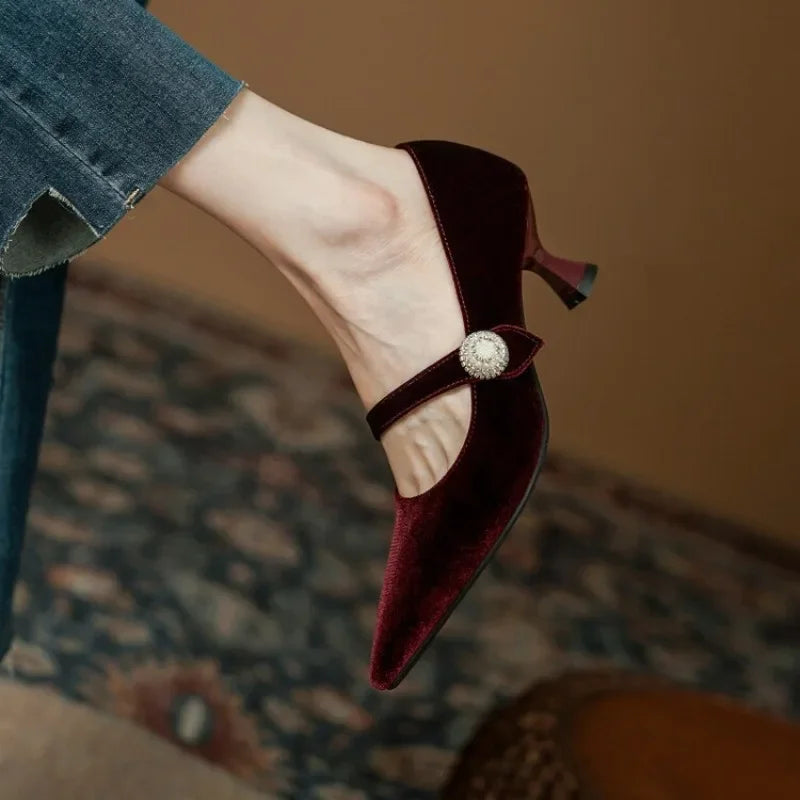 Wine Red Pointed Toe Mary Jane Shoes Women&
