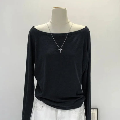 Autumn Winter One Shoulder Cotton Long Sleeve Slant Shoulder Women's Clothing Style Interior Wide Truffle Shoulder Base Shirt