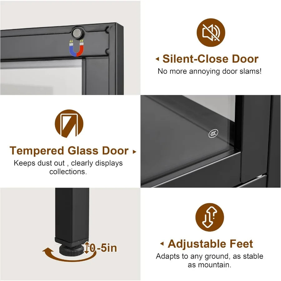 Glass Display Cabinet 4-Tier for Living Room, Tempered Glass Doors, Black Finish, Adjustable Shelves and LED Lighting