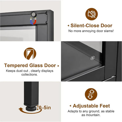 Glass Display Cabinet 4-Tier for Living Room, Tempered Glass Doors, Black Finish, Adjustable Shelves and LED Lighting