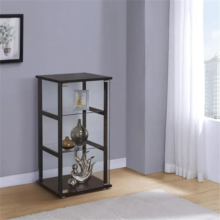 Contemporary 3-shelf glass curio cabinet for home decor, pine and particle board with black finish, tempered glass shelves, mod