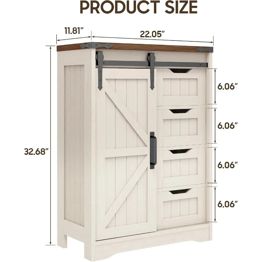 Farmhouse bathroom storage cabinet with 4 drawers and sliding door, white MDF, rustic style for bathroom kitchen living room
