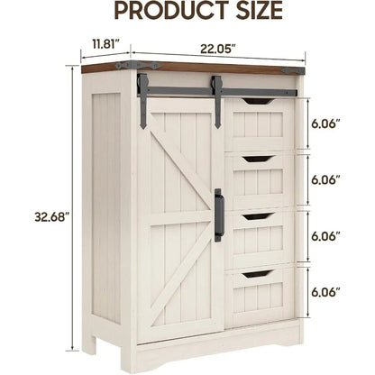 Farmhouse bathroom storage cabinet with 4 drawers and sliding door, white MDF, rustic style for bathroom kitchen living room