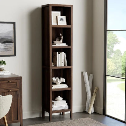 71 Tall Narrow Bookcase, 5-Tier Display Bookshelf for Living Room, Metal Frame with Wood Veneer, Black Finish, Space-Saving Des