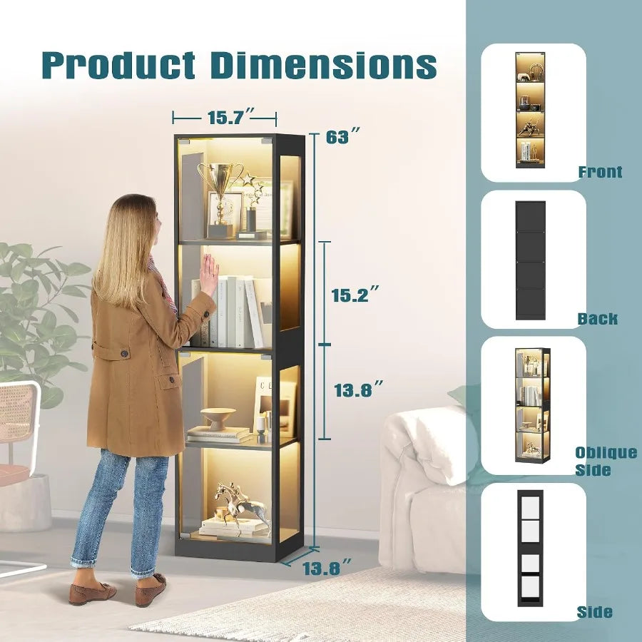 Display Cabinet with Glass Doors, 4-Tier Display Case with RGB Lights, Glass Toy Display Cabinet for Collectible, Curio Cabinet
