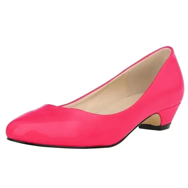 Women Wedge Pumps Autumn Casual Comfort Dress Round Toe Shallow Thick Low High Heels Office Slip-on Patent Leather Wedding Shoes