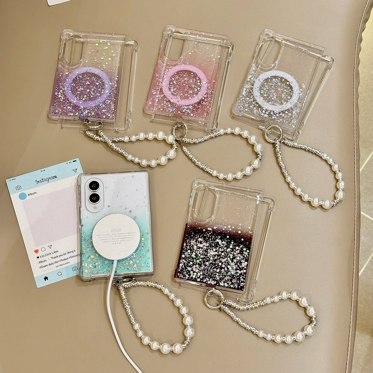 Luxury Gradient Glitter Sequins Pearl Wristband Bracelet Phone Case For Samsung Galaxy Z Fold 8 Wireless Charge Anti-slip Case