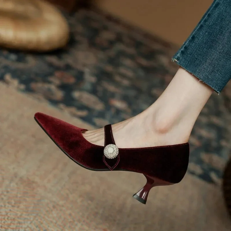 Wine Red Pointed Toe Mary Jane Shoes Women&