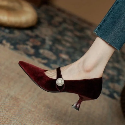 Wine Red Pointed Toe Mary Jane Shoes Women&