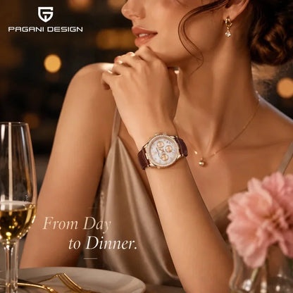 PAGANI DESIGN Women Chronograph Quartz Watch Rose Gold Luxury Sapphire Stainless Steel Elegant Sports Ladies Wristwatch