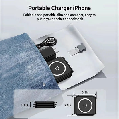 3-in-1 Magnetic Folding Wireless Charger, 15W Fast Charging, USB Type-C, for Phones, Watches, and Earbuds
