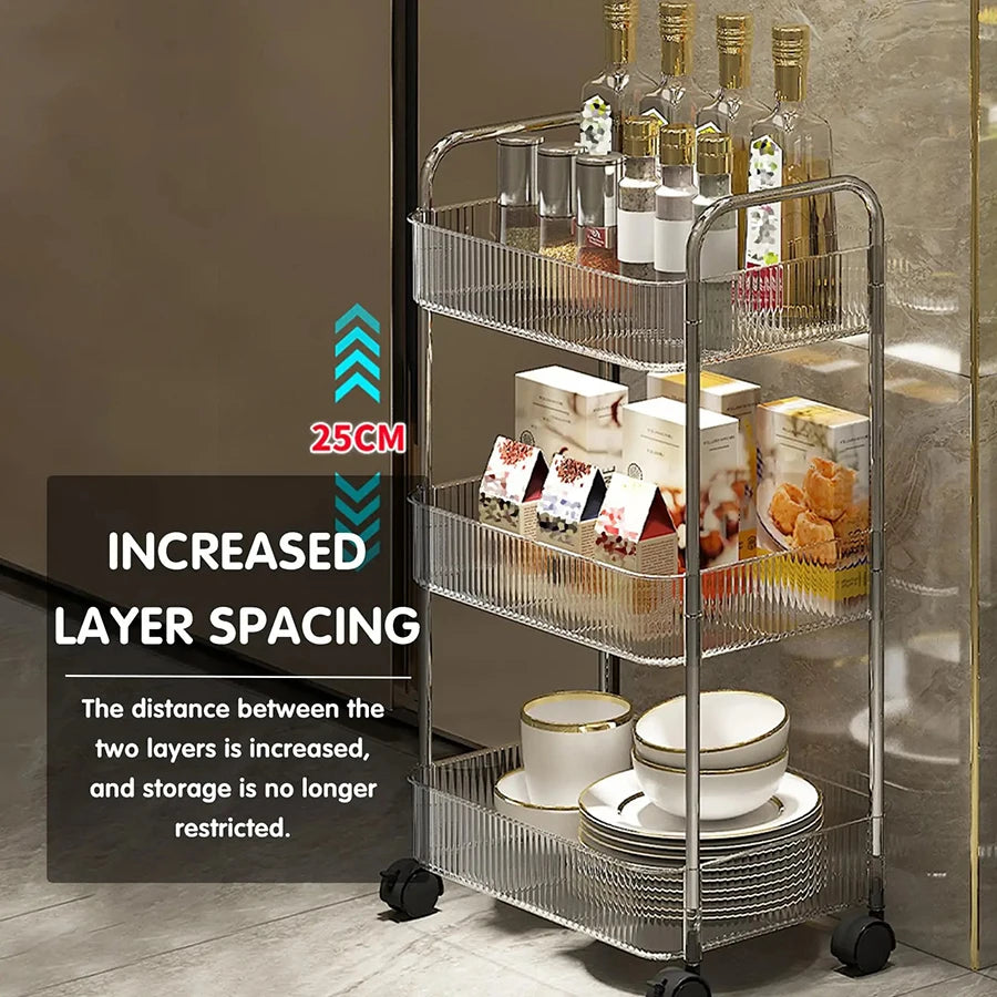 Light Luxury Storage Rack Trolley 2/3/4 Layers Transparent Acrylic Rolling Cart With Removable Hanging Baskets Snacks Bookshelf
