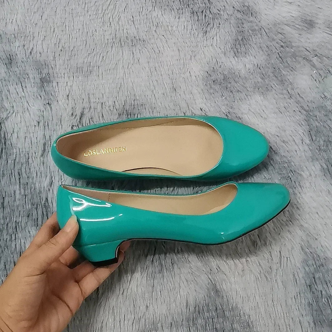Women Wedge Pumps Autumn Casual Comfort Dress Round Toe Shallow Thick Low High Heels Office Slip-on Patent Leather Wedding Shoes