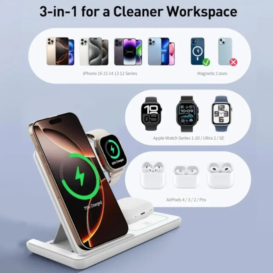 Night LED Light 3 In 1 Wireless Charger Foldable Stand For iPhone Samsung Apple Watch 2-11 SE Airpods Pro Fast Charging Station