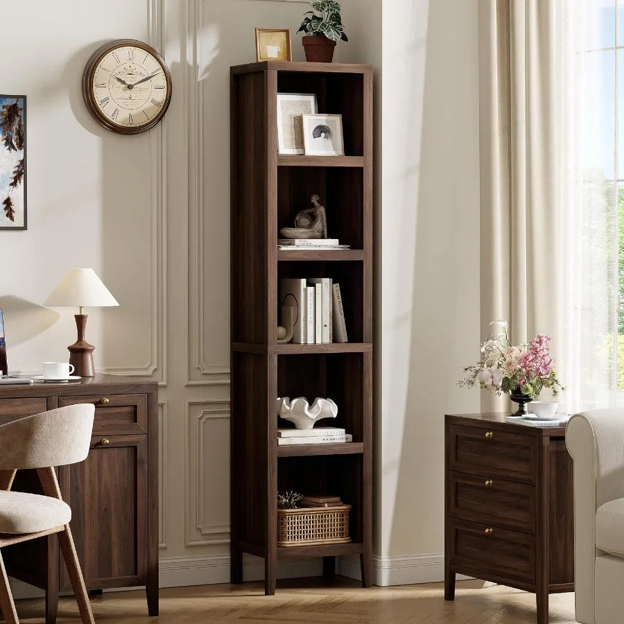 71 Tall Narrow Bookcase, 5-Tier Display Bookshelf for Living Room, Metal Frame with Wood Veneer, Black Finish, Space-Saving Des