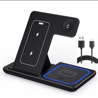Fast Wireless Charger Charging Station Foldable Stand 3 in 1 for Samsung iPhone 17 16 15 18 14 13 12 Apple Watch 9 8 7 AirPods Xiaomi Huawei Type C Data Cable