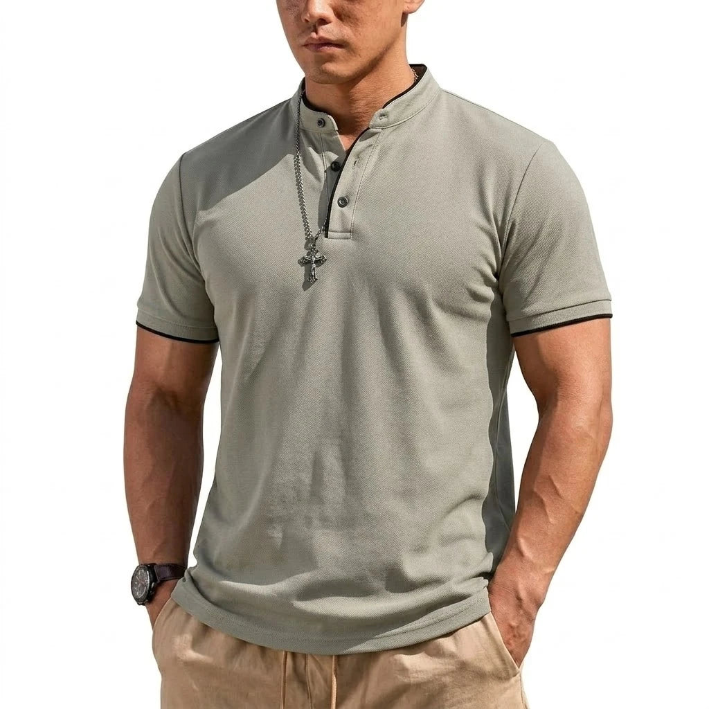 Summer Short Sleeve Henley Shirt Men Button Polo Shirts Classic Collarless T-Shirts for Men Luxury Breathable Hiking T-shirt Gym