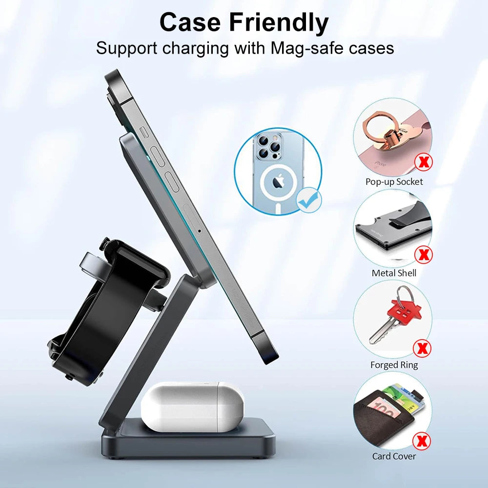 3 in 1 Foldable Magnetic Wireless Charger Stand for iPhone 16 15 14 13 12 Pro Max Apple Watch 9 8 7 Fast Charging Station