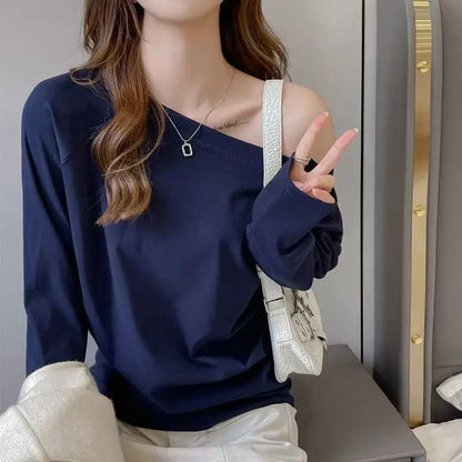 Autumn Winter One Shoulder Cotton Long Sleeve Slant Shoulder Women's Clothing Style Interior Wide Truffle Shoulder Base Shirt