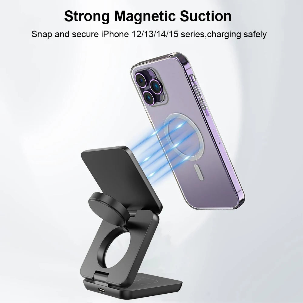 3 in 1 Foldable Magnetic Wireless Charger Stand for iPhone 16 15 14 13 12 Pro Max Apple Watch 9 8 7 Fast Charging Station