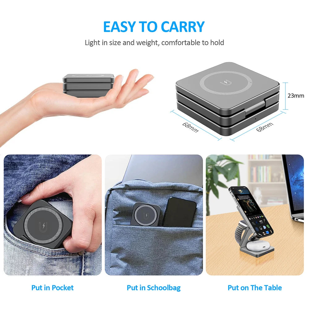 3 in 1 Foldable Magnetic Wireless Charger Stand for iPhone 16 15 14 13 12 Pro Max Apple Watch 9 8 7 Fast Charging Station