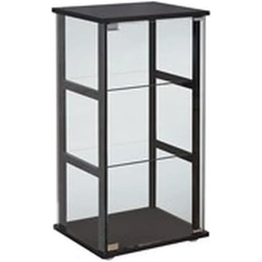 Contemporary 3-shelf glass curio cabinet for home decor, pine and particle board with black finish, tempered glass shelves, mod