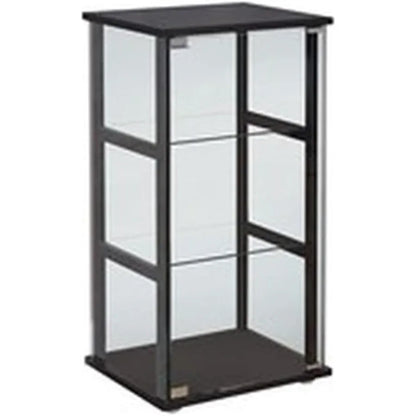 Contemporary 3-shelf glass curio cabinet for home decor, pine and particle board with black finish, tempered glass shelves, mod