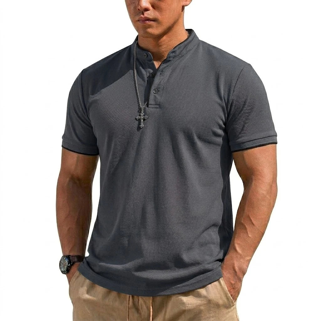 Summer Short Sleeve Henley Shirt Men Button Polo Shirts Classic Collarless T-Shirts for Men Luxury Breathable Hiking T-shirt Gym
