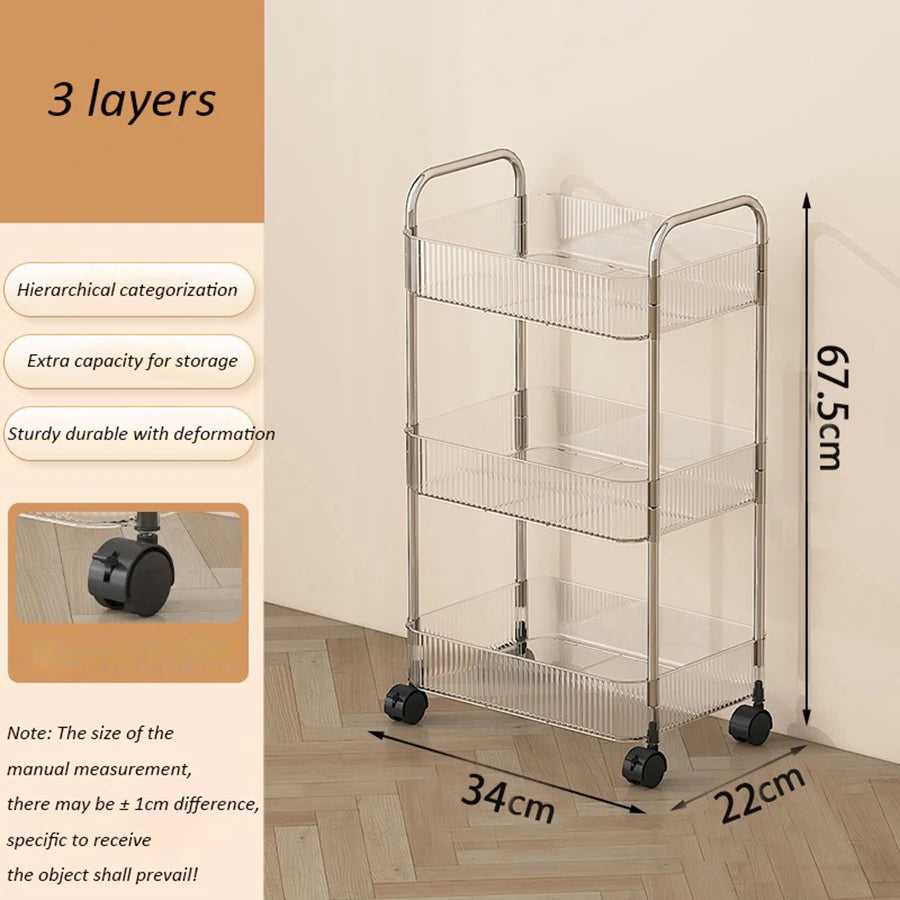 Light Luxury Storage Rack Trolley 2/3/4 Layers Transparent Acrylic Rolling Cart With Removable Hanging Baskets Snacks Bookshelf