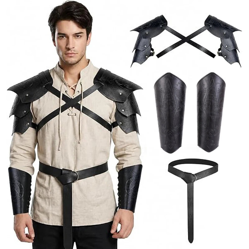 Medieval PU Leather Armor Set Pauldron Corset Waist Belt Bracers Men Viking Knight Pirate Cosplay Accessories Halloween Party