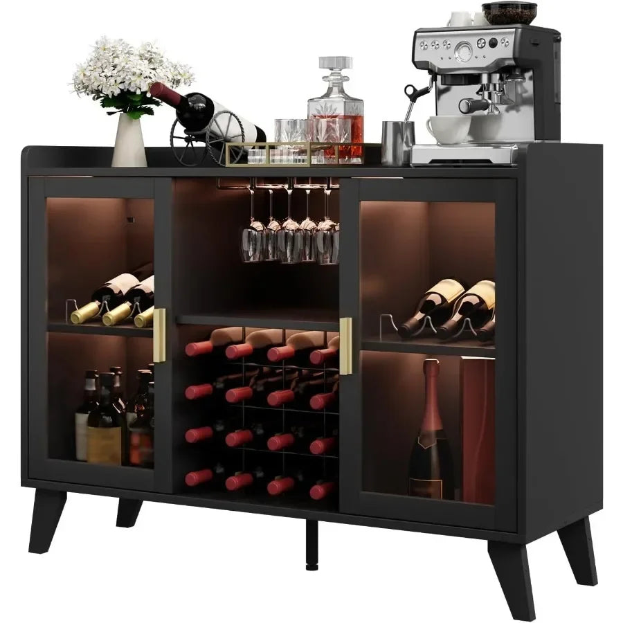 Bar Cabinet with LED Lights for Wine Storage, Black Acrylic Doors, Modern Illuminated Design
