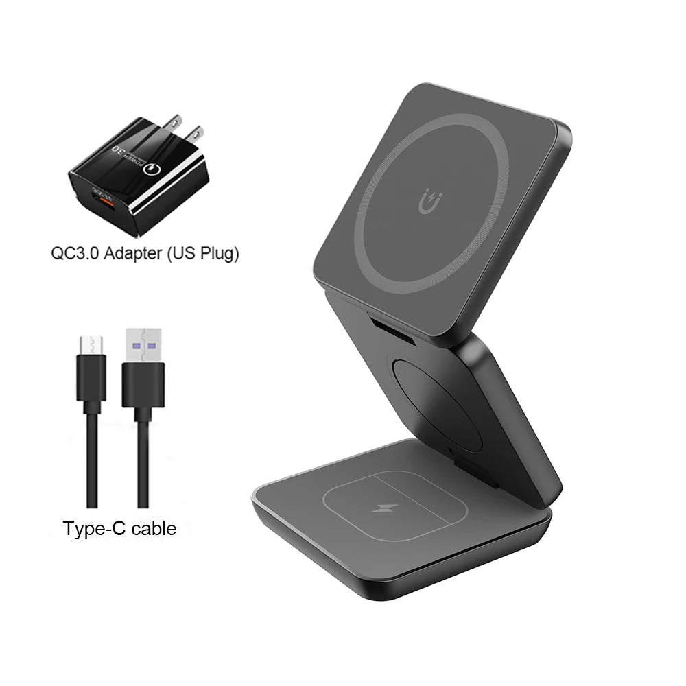 3 in 1 Foldable Magnetic Wireless Charger Stand for iPhone 16 15 14 13 12 Pro Max Apple Watch 9 8 7 Fast Charging Station