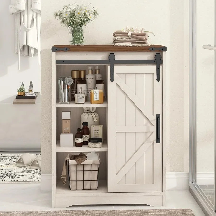 Farmhouse bathroom storage cabinet with 4 drawers and sliding door, white MDF, rustic style for bathroom kitchen living room