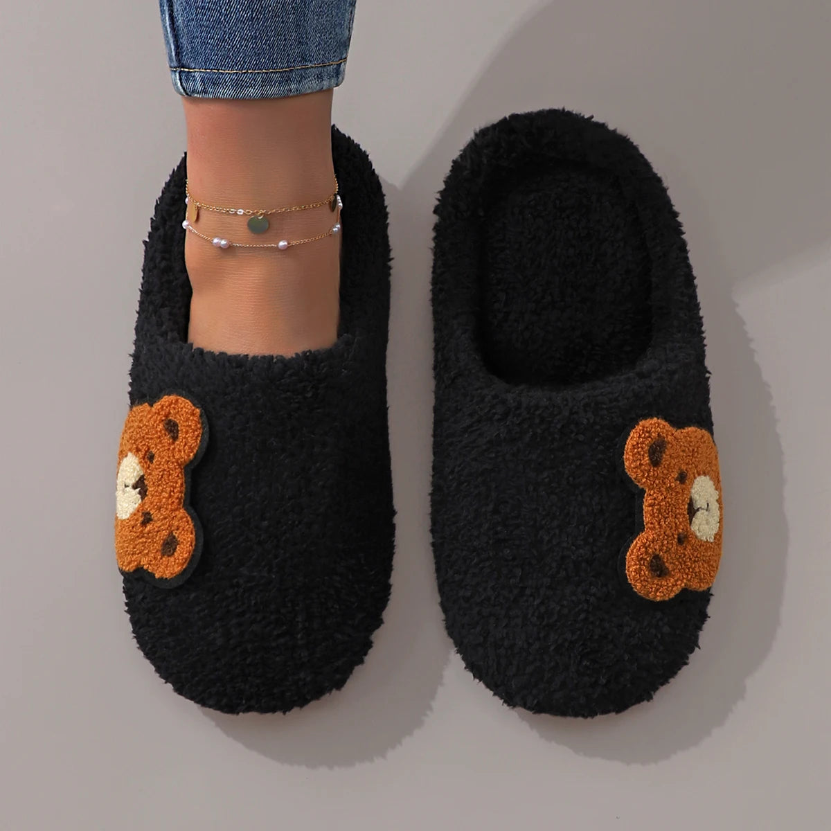 Cute Cartoon Embroidered Bear Plush Silent Soft-Soled Women&