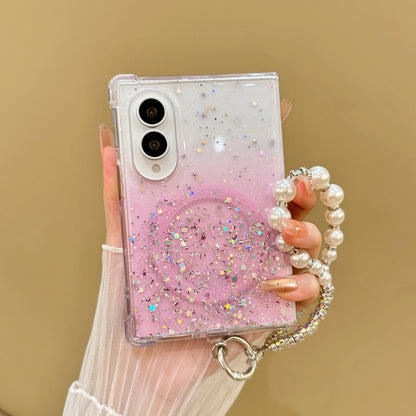 Luxury Gradient Glitter Sequins Pearl Wristband Bracelet Phone Case For Samsung Galaxy Z Fold 8 Wireless Charge Anti-slip Case