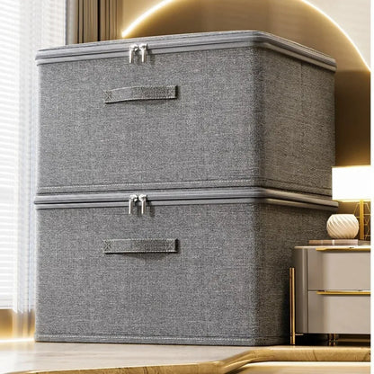 Premium Linen Like Fabric Storage Box Foldable Wardrobe Organizer with Sturdy Board Support Large Zipper Bin for Clothes Sweater