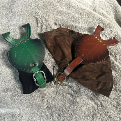 2pcs Medieval Festival Costume Accessories Vintage Pu Leather Waist Belt with Leaf-Shaped Drawstring Coin Pouch Viking Style Cosplay Props for Halloween LARP