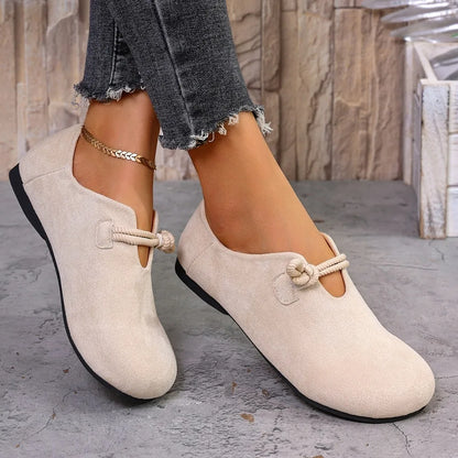 Women Flat Loafers Round Toe Knotted Rope Strap Slip on Shoes Soft Suede Comfort Non Slip Ladies Casual Daily Walking Flat Shoes