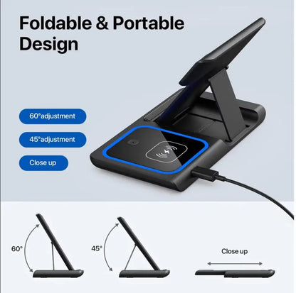 Fast Wireless Charger Charging Station Foldable Stand 3 in 1 for Samsung iPhone 17 16 15 18 14 13 12 Apple Watch 9 8 7 AirPods Xiaomi Huawei Type C Data Cable