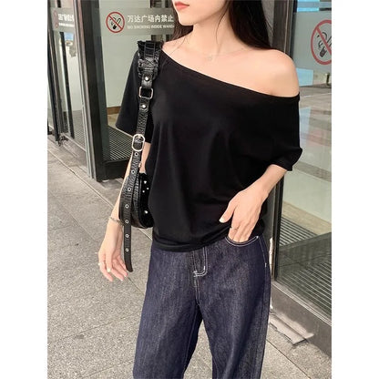 Autumn Winter One Shoulder Cotton Long Sleeve Slant Shoulder Women's Clothing Style Interior Wide Truffle Shoulder Base Shirt