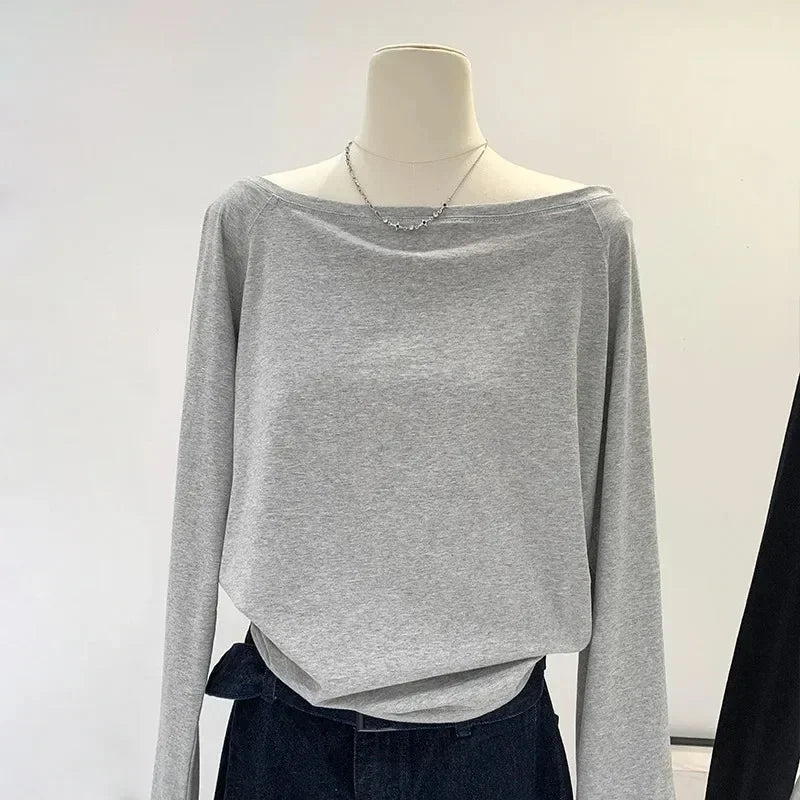Autumn Winter One Shoulder Cotton Long Sleeve Slant Shoulder Women's Clothing Style Interior Wide Truffle Shoulder Base Shirt