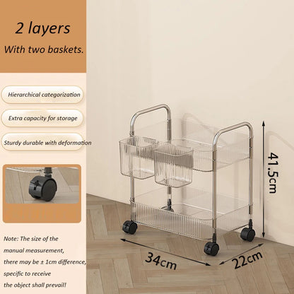 Light Luxury Storage Rack Trolley 2/3/4 Layers Transparent Acrylic Rolling Cart With Removable Hanging Baskets Snacks Bookshelf
