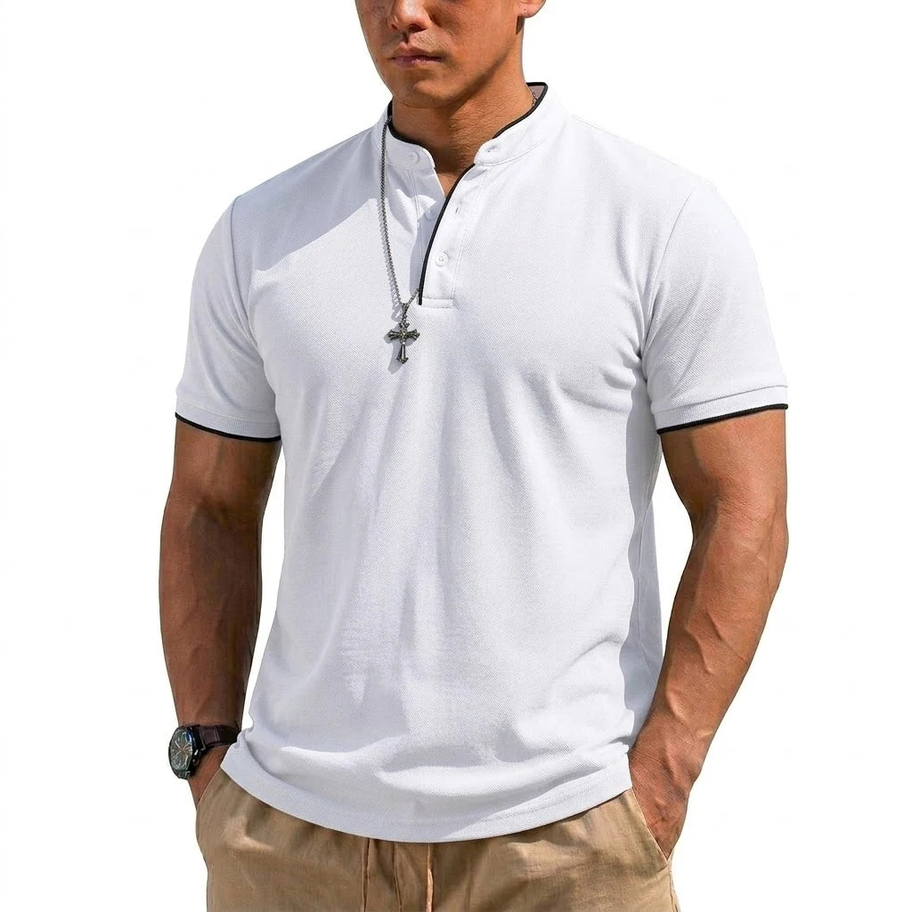 Summer Short Sleeve Henley Shirt Men Button Polo Shirts Classic Collarless T-Shirts for Men Luxury Breathable Hiking T-shirt Gym