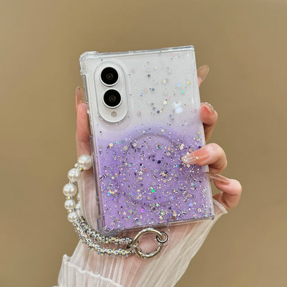 Luxury Gradient Glitter Sequins Pearl Wristband Bracelet Phone Case For Samsung Galaxy Z Fold 8 Wireless Charge Anti-slip Case