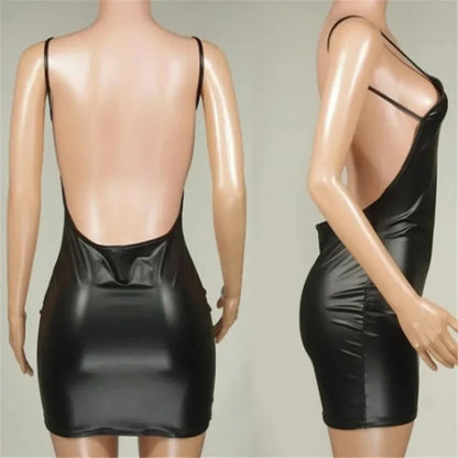 Sexy lingerie, women's short synthetic leather dress, open back, sexy latex miniskirt, girl's mini micro dress.