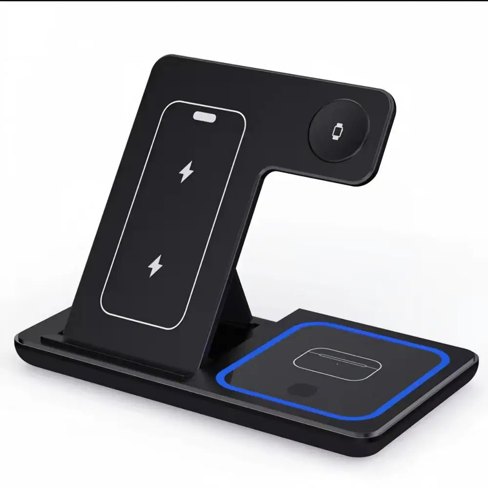 Fast Wireless Charger Charging Station Foldable Stand 3 in 1 for Samsung iPhone 17 16 15 18 14 13 12 Apple Watch 9 8 7 AirPods Xiaomi Huawei Type C Data Cable