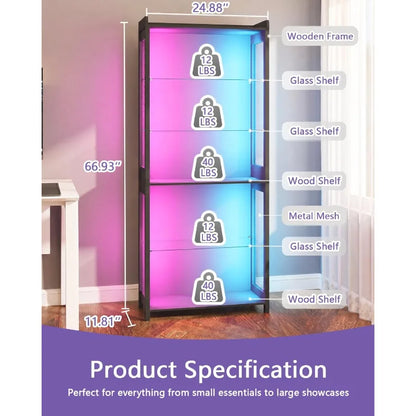 67 5-Tier Display Case for Retail Use, Tempered Glass Shelves, Black Frame, RGB Lighting with Adjustable Color Modes