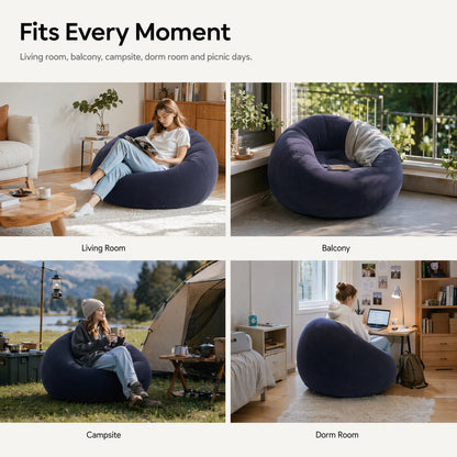 Flocked Round Inflatable Sofa Thickened PVC Ball Shape Lazy Lounge Chair Foldable Waterproof Sofa for Indoor Camping Bedroom Decor Gift