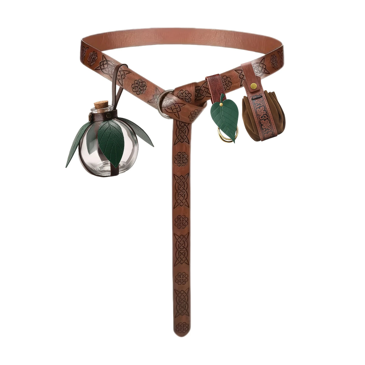Medieval Waist Mount Accessory Set, Leaf Style Belt Hook, Waist Storage Sack, Glass Bottle Carrier, for LARP, Renaissance Cospla